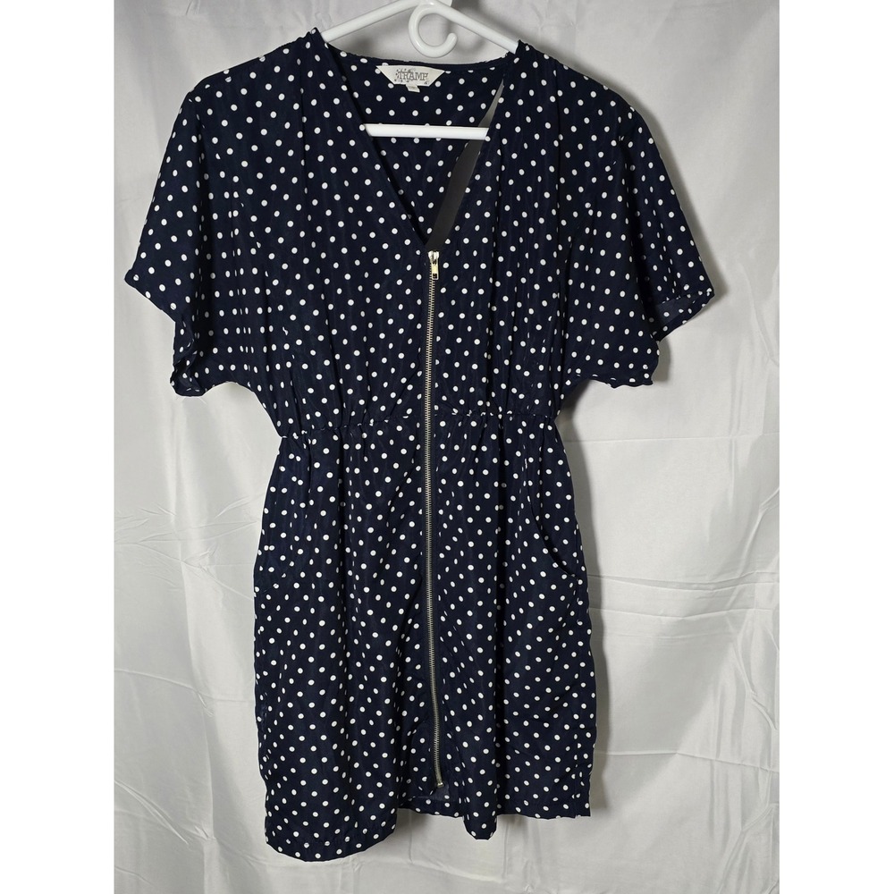 Tramp mini Womens Navy Blue Polka Dot Zip Front‎ Tie Back Dress Size S